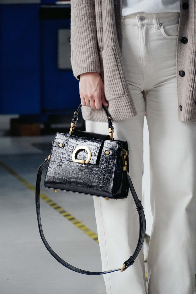 KARINA Midi Negru Croco Lucios - Handbags - ONOCAN