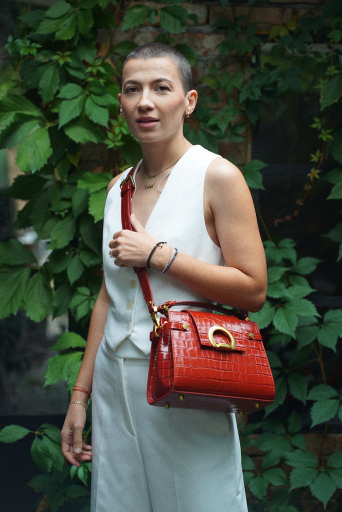 KARINA Midi Rosu Coniac Croco - Handbags - ONOCAN