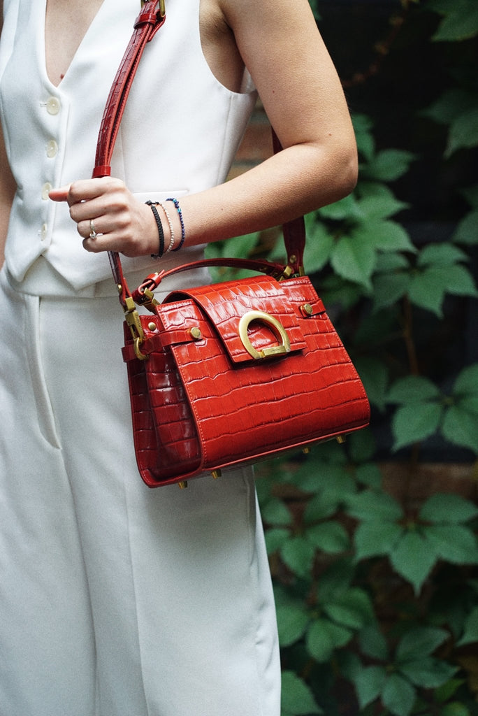 KARINA Midi Rosu Coniac Croco - Handbags - ONOCAN